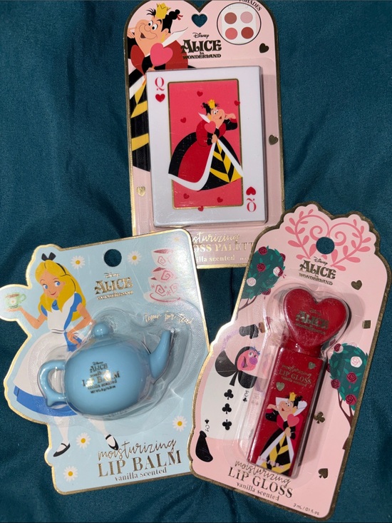 Disney Other - 3 - Disney Alice in Wonderland Lip Set - Blue Teapot, Red Heart, & Card Deck Com